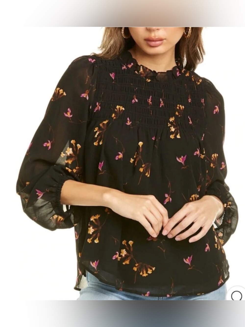 Madewell Georgette Ruffle Collar Smocked Black Sheer Floral Top, Size S